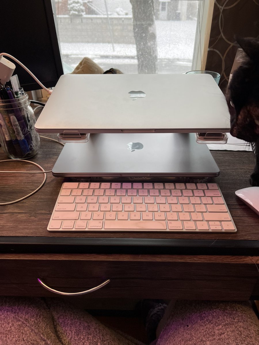 @HonkIfUrHoary Laptop stand (please ignore the double laptops—for work and personal haha) for ergonomics