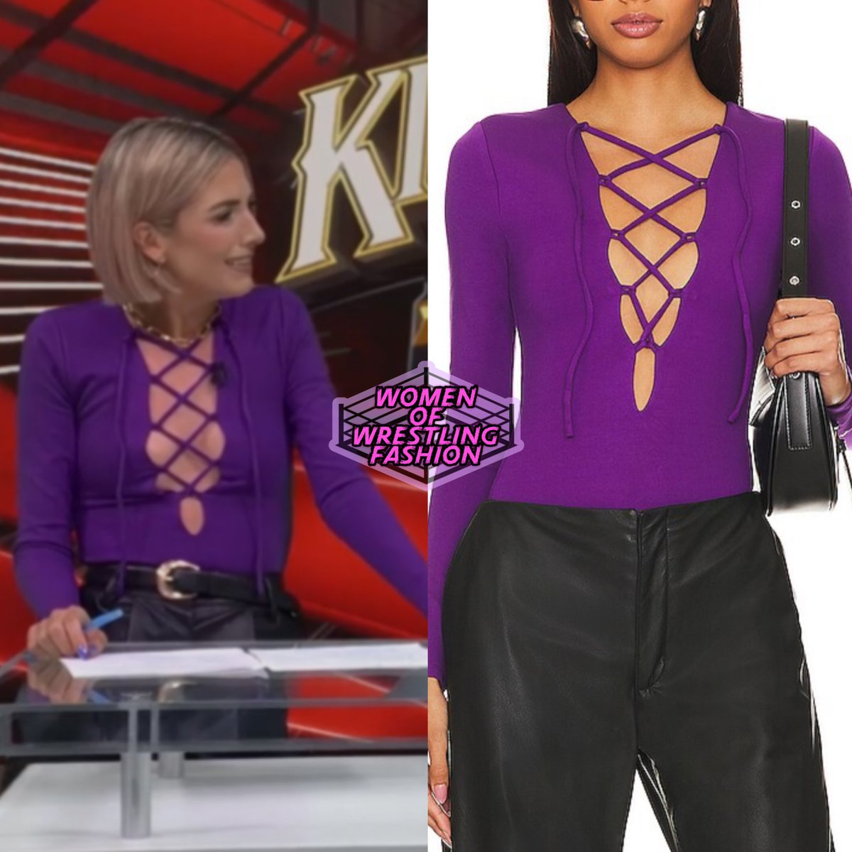 Megan wears the Aaliyah Bodysuit in Purple from Lovers and Friends ($74 - on sale)
