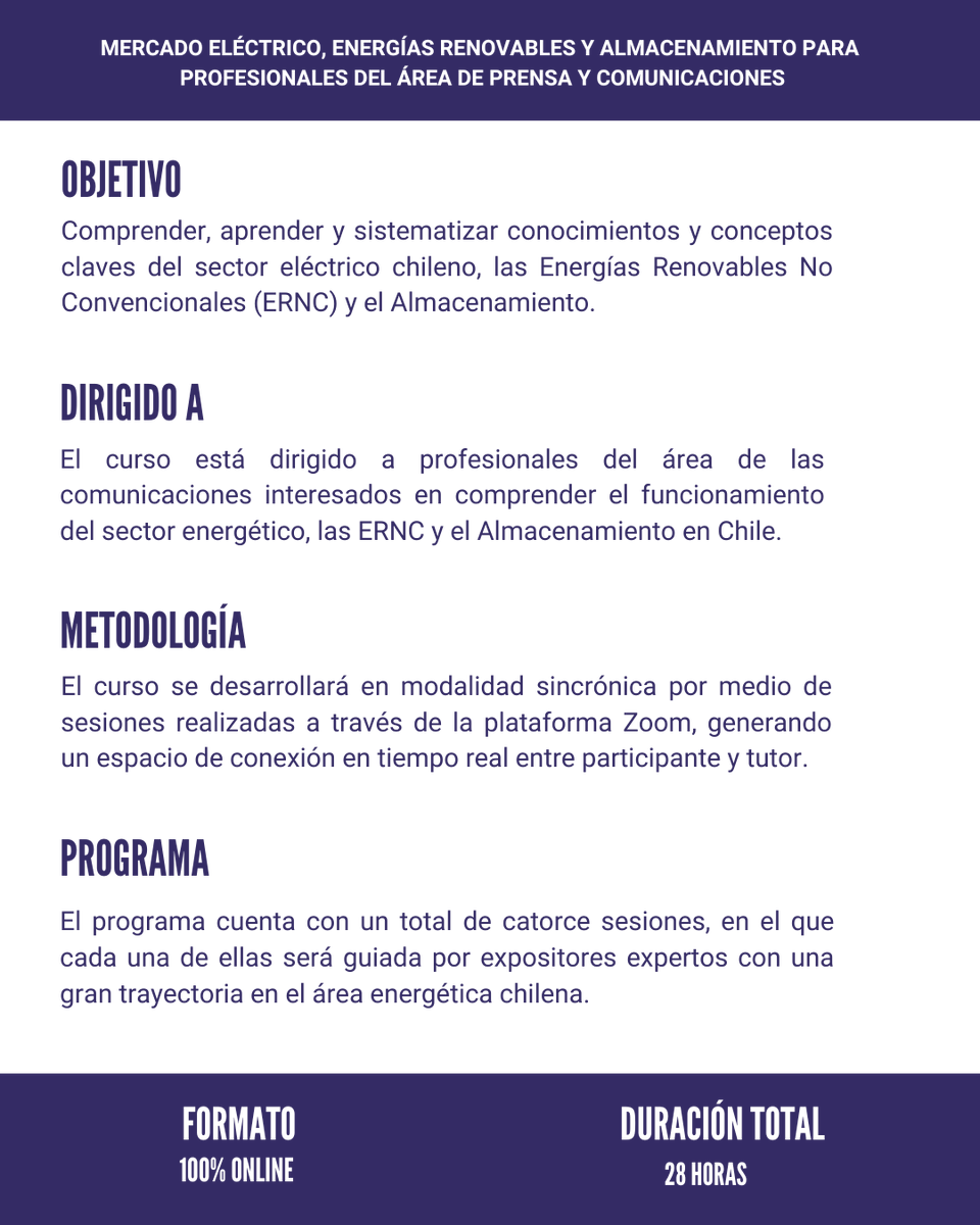 ACERAAG's tweet photo. 💡Ya se encuentra disponible el detalle de nuestro curso "Mercado Eléctrico, Energías Renovables y Almacenamiento para Profesionales del Área de Prensa y Comunicaciones", donde podrán conocer los objetivos, programa y a nuestros expositores con una vasta experiencia en el sector. https://t.co/OYrxaWAHBh