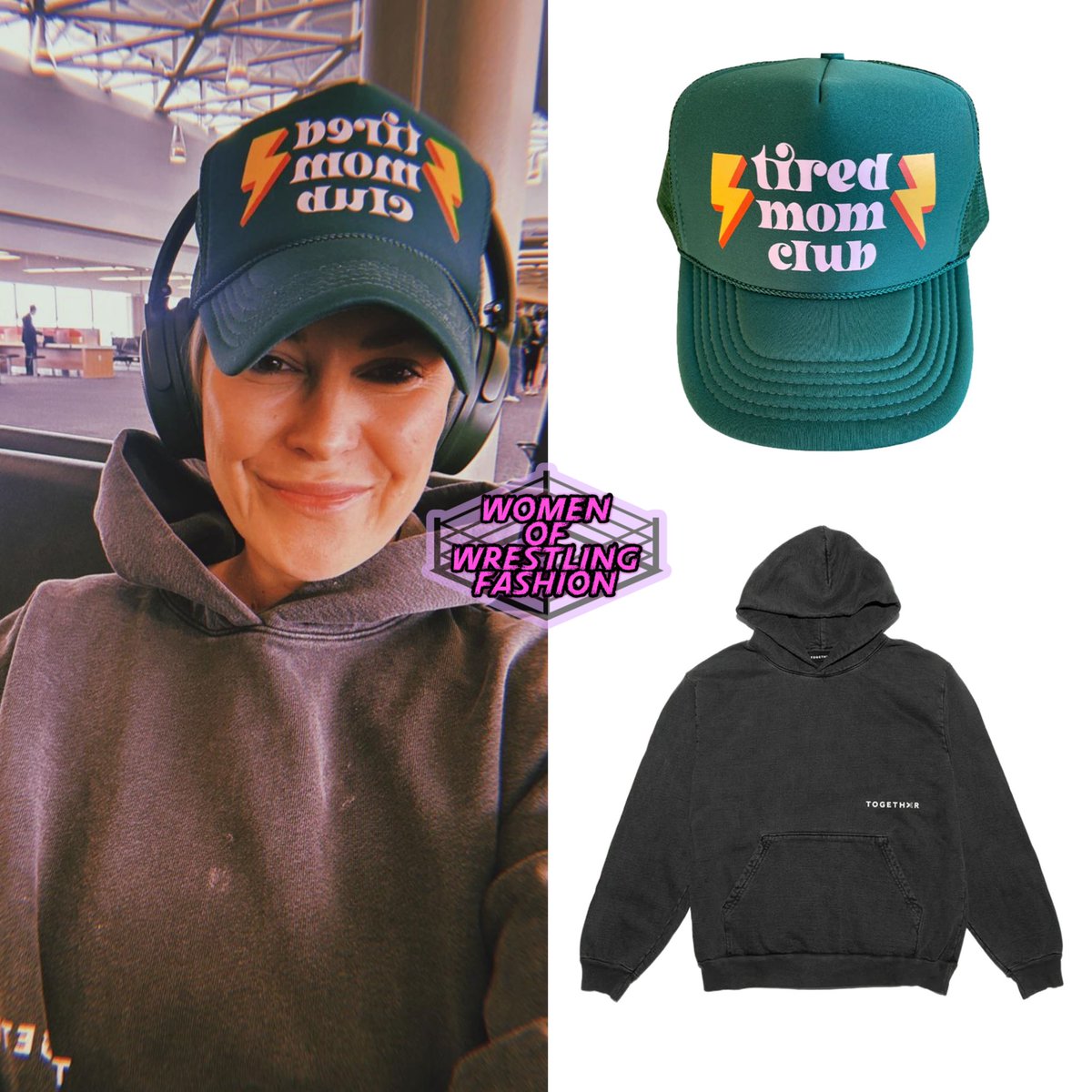 Renee wears the Tired Mom Club Trucker Hat from Harlow Mule (sold out - available to pre order) & Everyone Watches Women’s Sports Hoodie from Togethxr ($85)