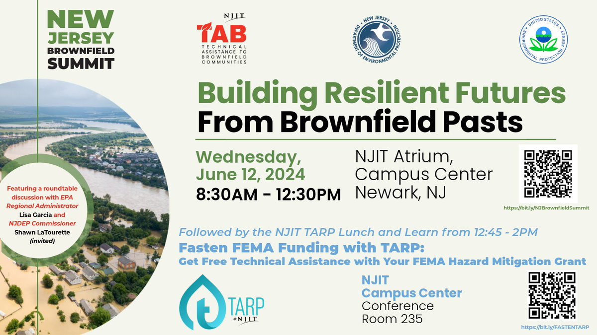 NjitTab's tweet photo. Calling all changemakers involved in transforming contaminated or potentially contaminated properties into community assets! Join us at the NJ Brownfield Summit: Building Resilient Futures from Brownfield Pasts, sponsored by @NJITTAB and @NewJerseyDEP. https://t.co/oZKN4EO55B https://t.co/yw4KJi6vfL