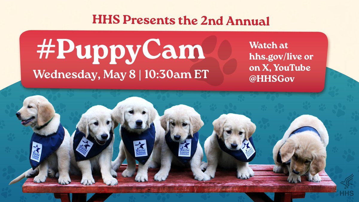 Join me tomorrow for @HHSGov's second annual #Puppycam, focused on raising awareness of the importance of mental health & well-being. Use #PuppyCam for live updates or visit hhs.gov/live/live-1/in… starting at 10:30 am ET🐶.