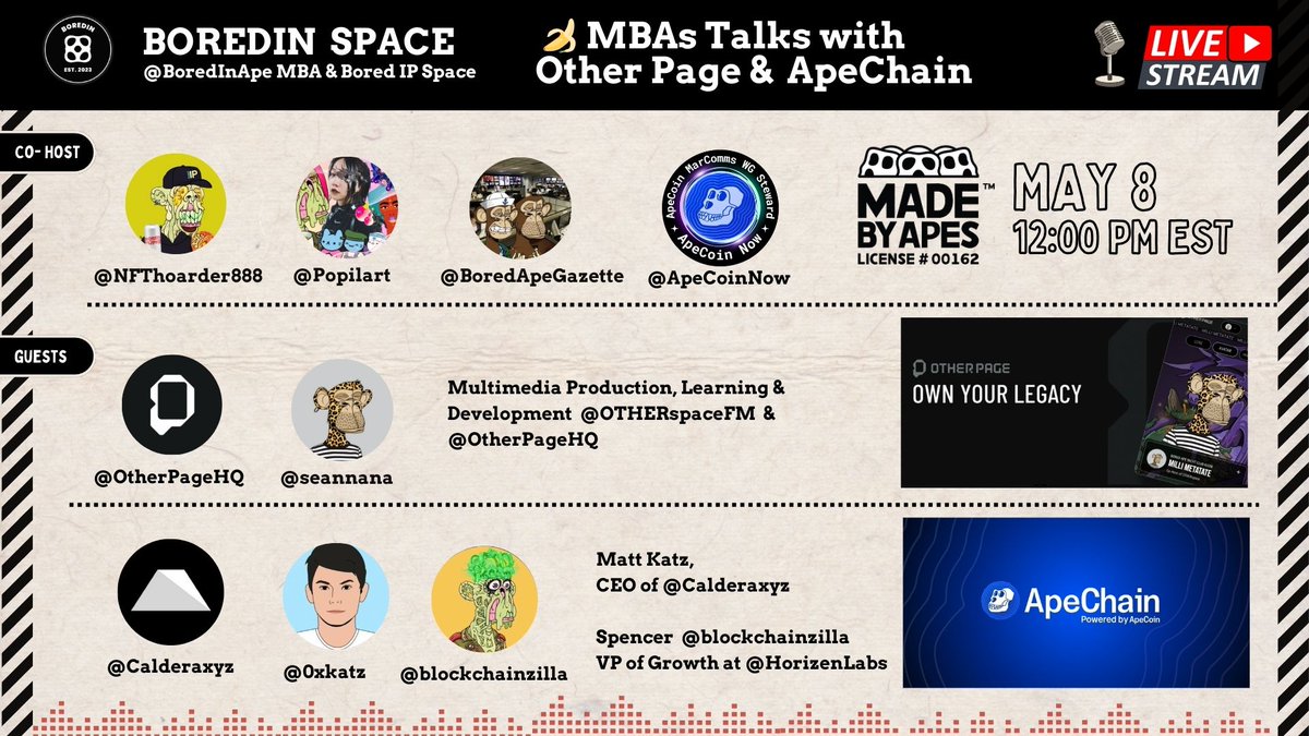 🎙BoredIn Live Space x @ApeCoinNow are thrilled to host a conversation with @OtherPageHQ and @Calderaxyz for the MBA community. We dive deep into updates from Other Page and discuss the latest developments powered by @ApeCoin & @HorizenLabs ApeChain. ⏰ May 8th/ 12pm EST 🧵⬇️