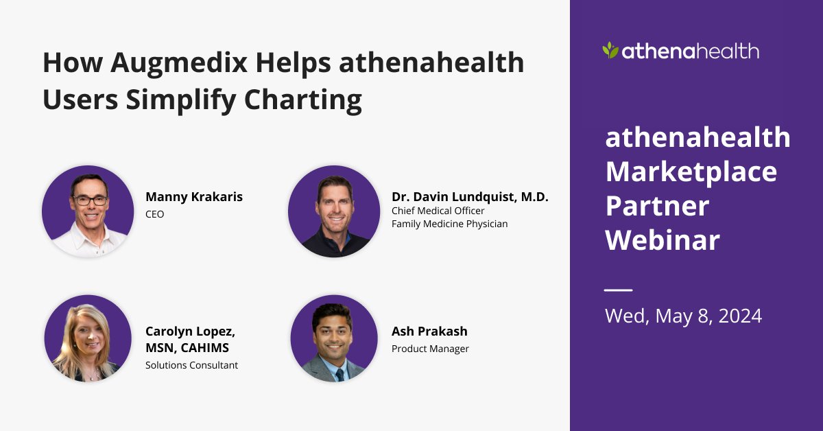 Explore how Augmedix helps @athenahealth users simplify charting within athenaOne through our webinar tomorrow (May 8) at 11 a.m. PDT. Register now: bit.ly/3wsCZ23