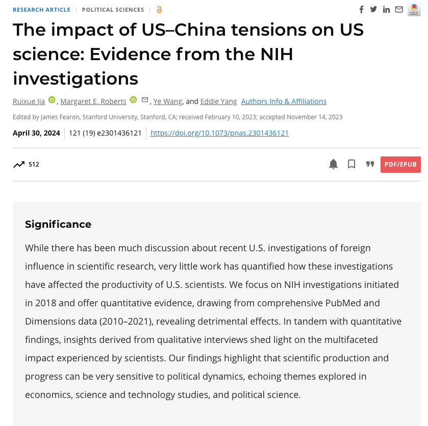 profzeke's tweet photo. Geopolitical tensions have costly effects on science. US-China tensions reduced the productivity of American scientists.

https://t.co/DDnduF2vQ3 https://t.co/Db50cfQBEF