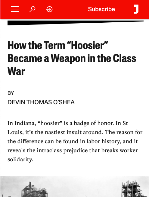 for @jacobin I explain why calling someone a 'hoosier' in st. louis is an insult = to hillbilly, bumpkin, or white trash ⤵️ jacobin.com/2024/05/hoosie…