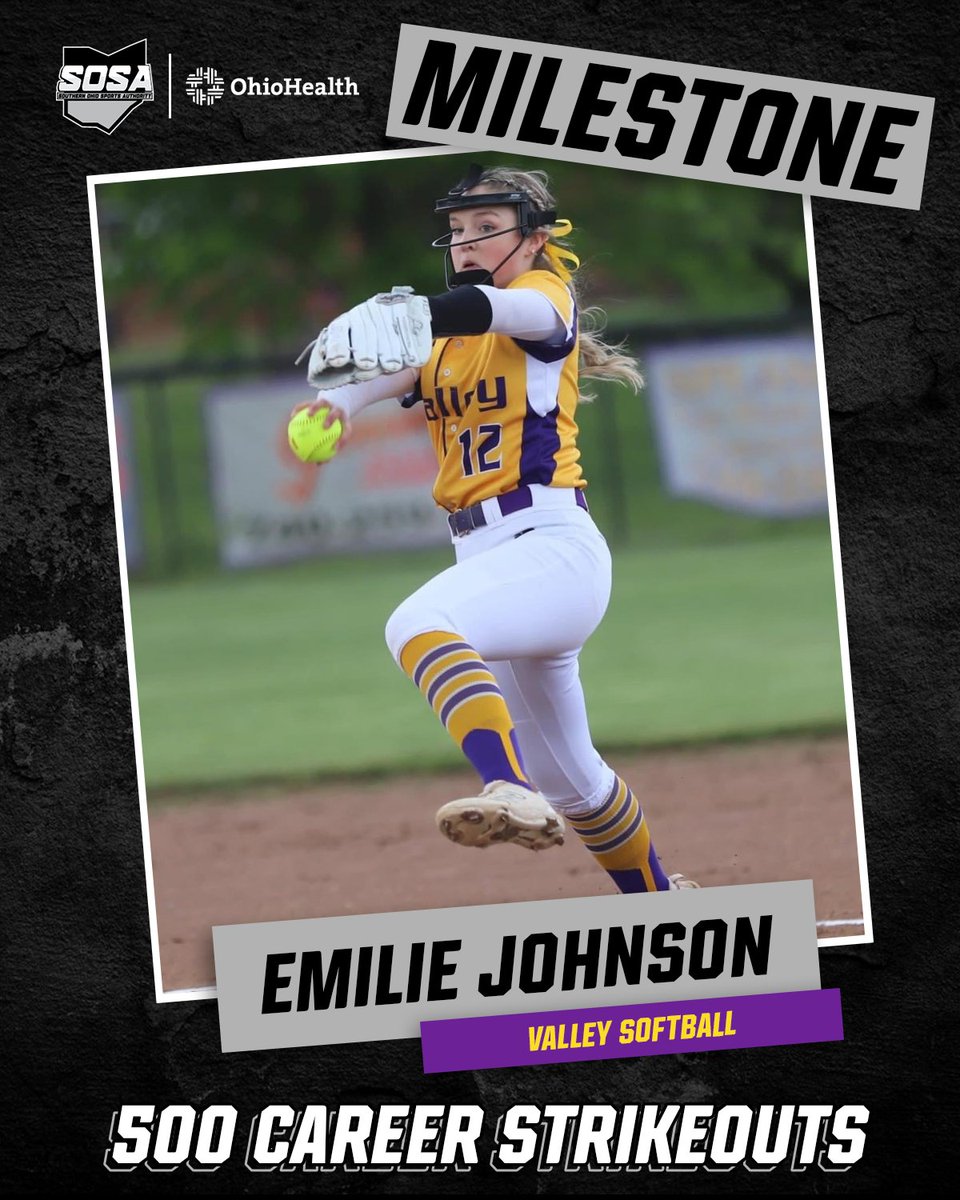 Southern Ohio Sports Authority (@sosaohio) on Twitter photo Congratulations to Valley's <a href="/EmJohnson2024/">EmilieJohnson2024</a>, who recently recorded her 500th career strikeout. Congratulations to Valley's <a href="/EmJohnson2024/">EmilieJohnson2024</a>, who recently recorded her 500th career strikeout.