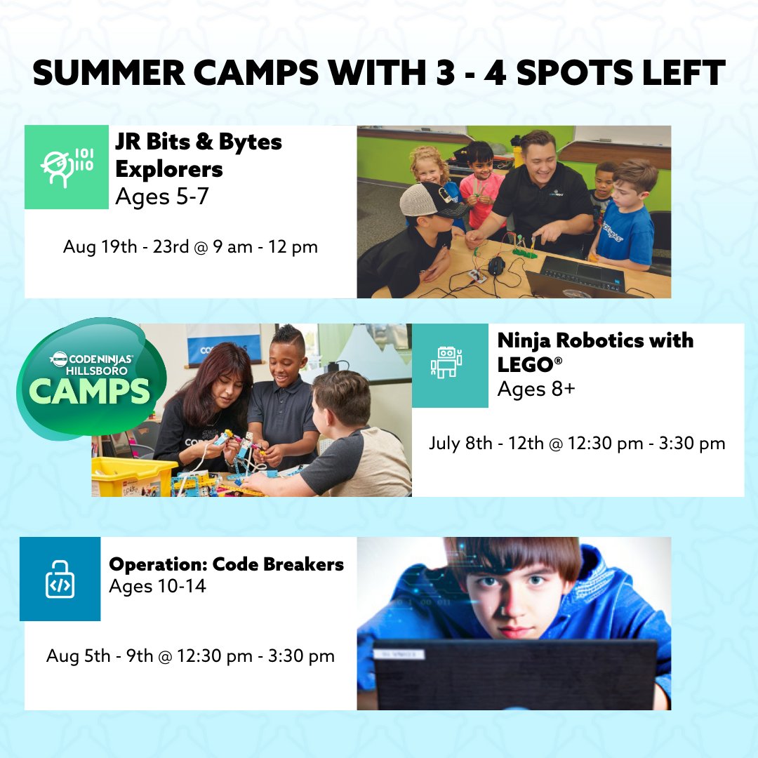 ⚠️CAMPS ARE SELLING FAST! CLAIM YOUR SPOT NOW BEFORE IT'S TOO LATE!⚠️ We've already sold out 9 out of our 36 summer camps so far, check out our Linktree or contact us for more info on all our camps! #codeninjashillsboro #summercamps