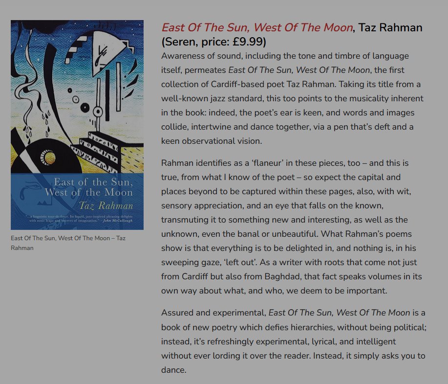 Thanks Buzz Magazine and @mabjones for a generous review of my poetry collection 'East of the Sun, West of the Moon' published by @SerenBooks buzzmag.co.uk/new-poetry-apr…