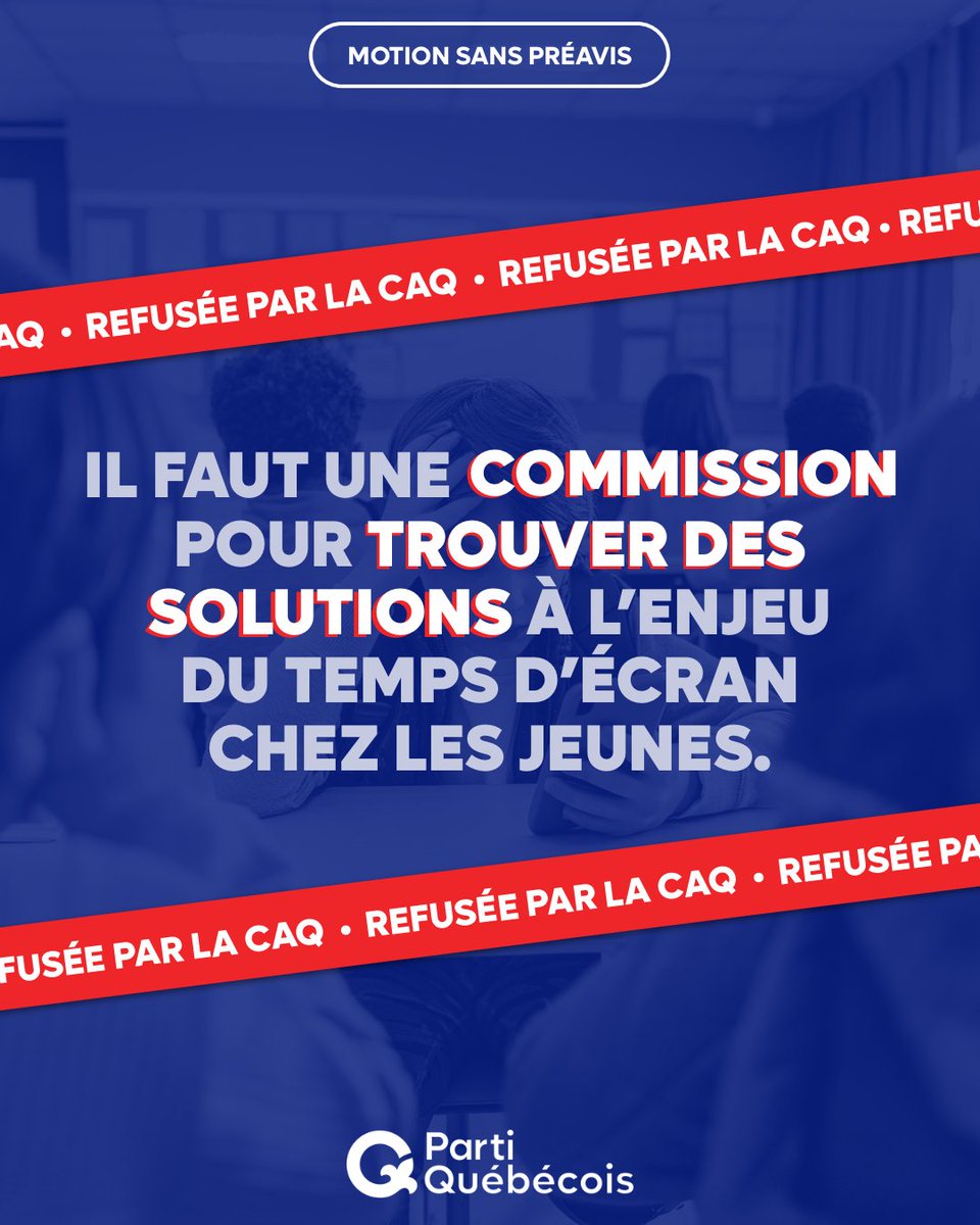 partiquebecois's tweet photo. À la suite de nos nombreuses interventions de la dernière année, et notamment celle de ce matin, le gouvernement se dit ouvert à interdire les cellulaires dans les écoles primaires et secondaires. 

Même si ce changement de cap est un pas de plus pour la santé et le bien-être de la jeunesse québécoise, la CAQ a néanmoins refusé notre motion d’aujourd’hui qui demandait la mise sur pied d'une Commission pour se pencher sur la question et étudier les autres pistes de solutions à cet enjeu de santé publique : 

1️⃣ Que l'Assemblée nationale reconnaisse que la dépendance des jeunes aux écrans représente un enjeu de santé publique;

2️⃣ Qu’elle prenne acte du dépôt de l'important rapport sur le temps d'écran des jeunes en France, intitulé « Enfants et écrans : à la recherche du temps perdu »;

3️⃣ Qu'elle mandate la Commission de la santé et des services sociaux pour étudier les différentes recommandations de ce rapport et toute autre littérature pertinente afin de trouver des solutions à l’enjeu du temps d’écran chez les jeunes;

4️⃣ Que l’organisation du mandat soit confiée au comité directeur de la Commission. »
