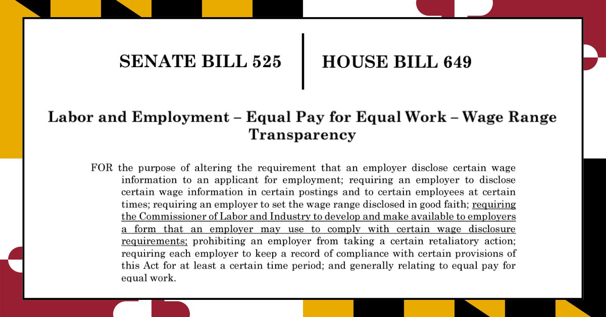 Maryland recently passed a new #paytransparency act that expands the current Equal Pay for Equal Work Law and goes into effect on October 1, 2024. The new Wage Range Transparency Act will require Maryland employers to include specific information on the wage range/salary,