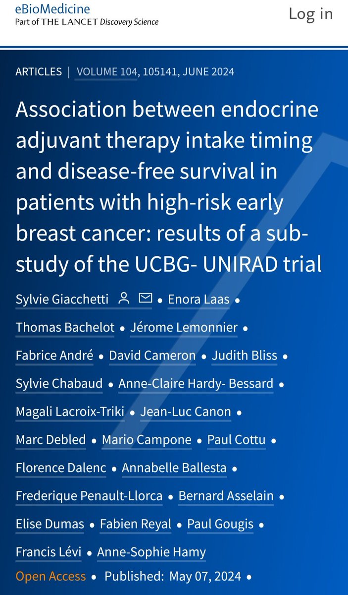 Association between adjuvant endocrine therapy intake timing and DFS in patients with BC Does the circadian rhythm affect endocrine therapy metabolism? 💥According to this study, taking tamoxifen in the evening/night is associated with better DFS @OncoAlert @eBioMedicine…