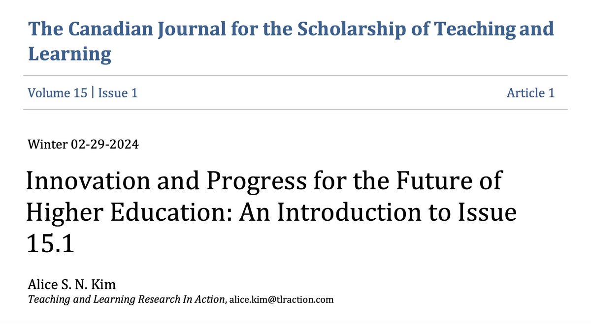 🎉The new issue (15.1) of The Canadian Journal for the Scholarship of Teaching and Learning (CJSoTL) is now available online!

📖 Read it all here: ojs.lib.uwo.ca/index.php/cjso… and my intro for the issue, where I outline the key themes: ojs.lib.uwo.ca/index.php/cjso… #CJSoTL #SoTL #Education
