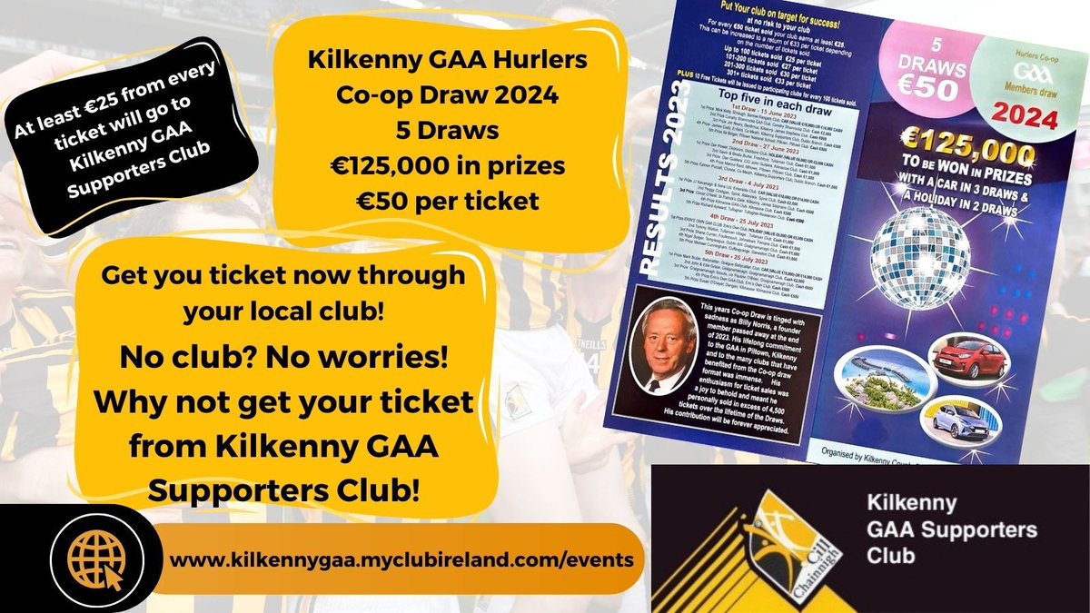 Be sure you've got your Kilkenny GAA Hurlers Co-op Draw ticket for 2024. Available through your local club or online with Kilkenny GAA Supporters Club. buff.ly/3JQDW7j