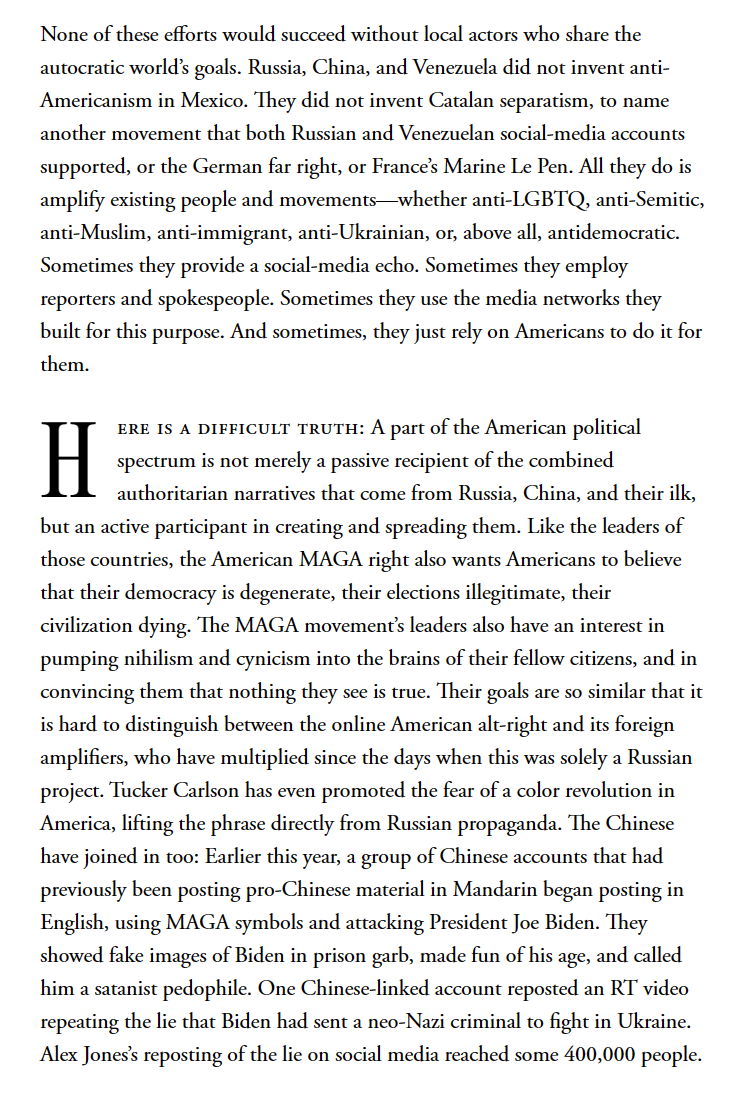 If I had to pick one recent article to be required reading... 'Fear, cynicism, nihilism, and apathy, coupled with disgust and disdain for democracy: This is the formula that modern autocrats [sell], all with the aim of destroying what they call “American hegemony.” Gift link👇