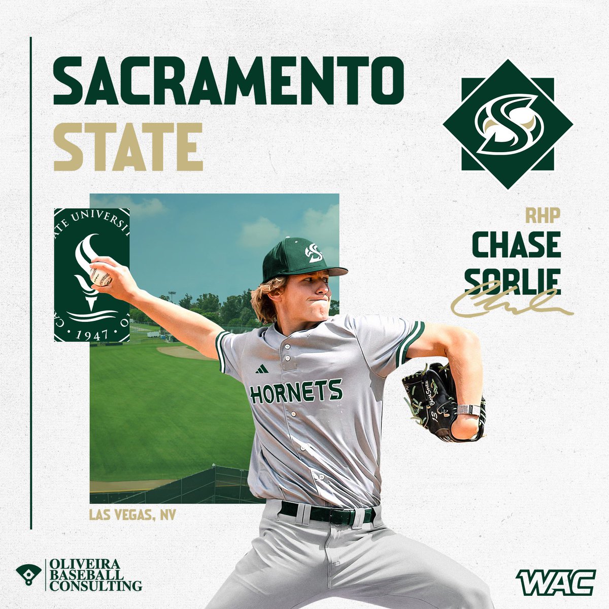 Congrats to Chase Sorlie on his commitment to Sacramento State University. Big arm from Vegas heading to pitch for the Hornets. Excited for the Sorlie family! #SacState #StingersUp #WAC #Committed #OBC