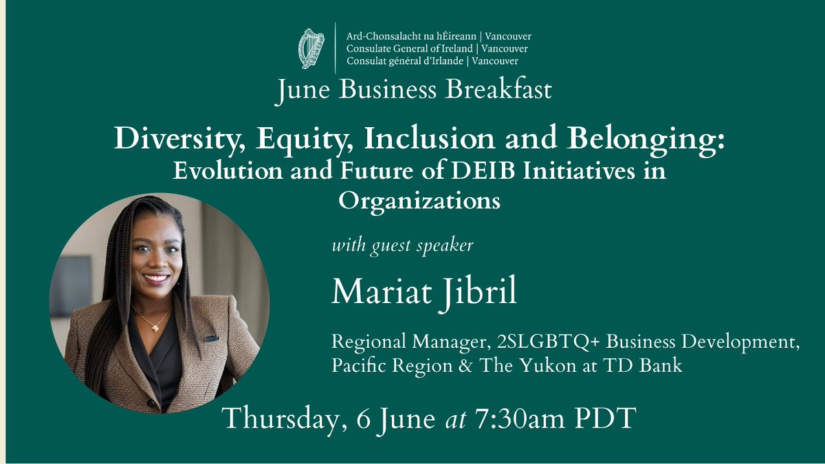 Join us for our next business breakfast on Thursday 6 June! Mariat Jibril will join us to speak on the topic of Diversity, Equity, Inclusion and Belonging in organizations. This will be an in-person only event & spaces are limited. Register for free now: june-business-breakfast.eventbrite.ie