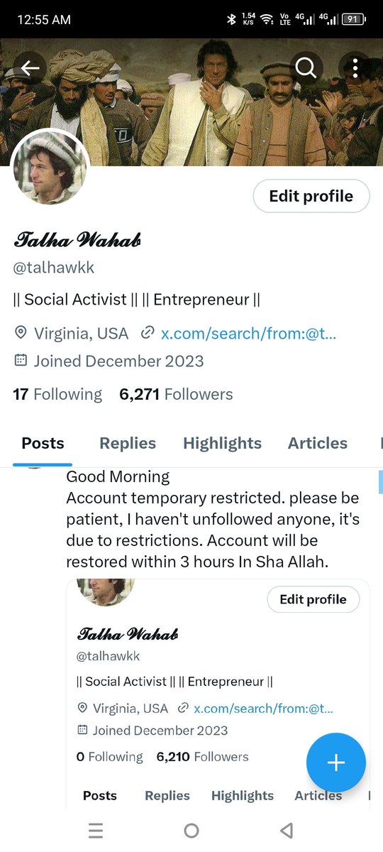 talhawkk's tweet photo. Assalam O Alaikum
Good Morning
Account temporary restricted. please be patient, I haven't unfollowed anyone, it's due to restrictions. Account will be restored within 3 hours In Sha Allah. https://t.co/nfGMqNZfqg