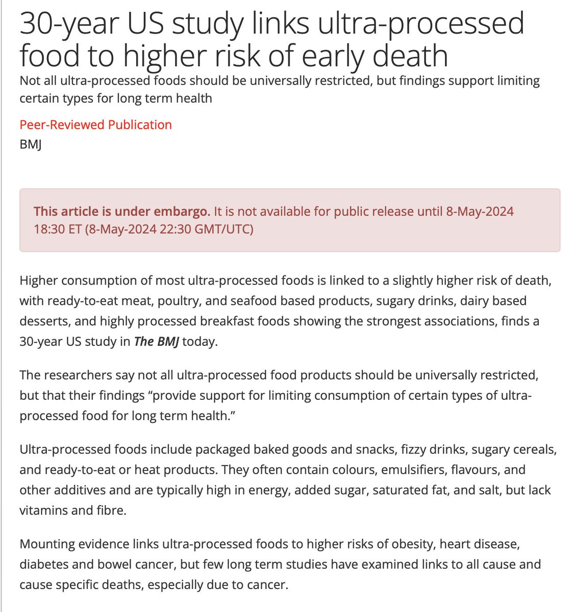 30-year US study links ultra-processed food to higher risk of early death Not all ultra-processed foods should be universally restricted, but findings support limiting certain types for long term health eurekalert.org/news-releases/…