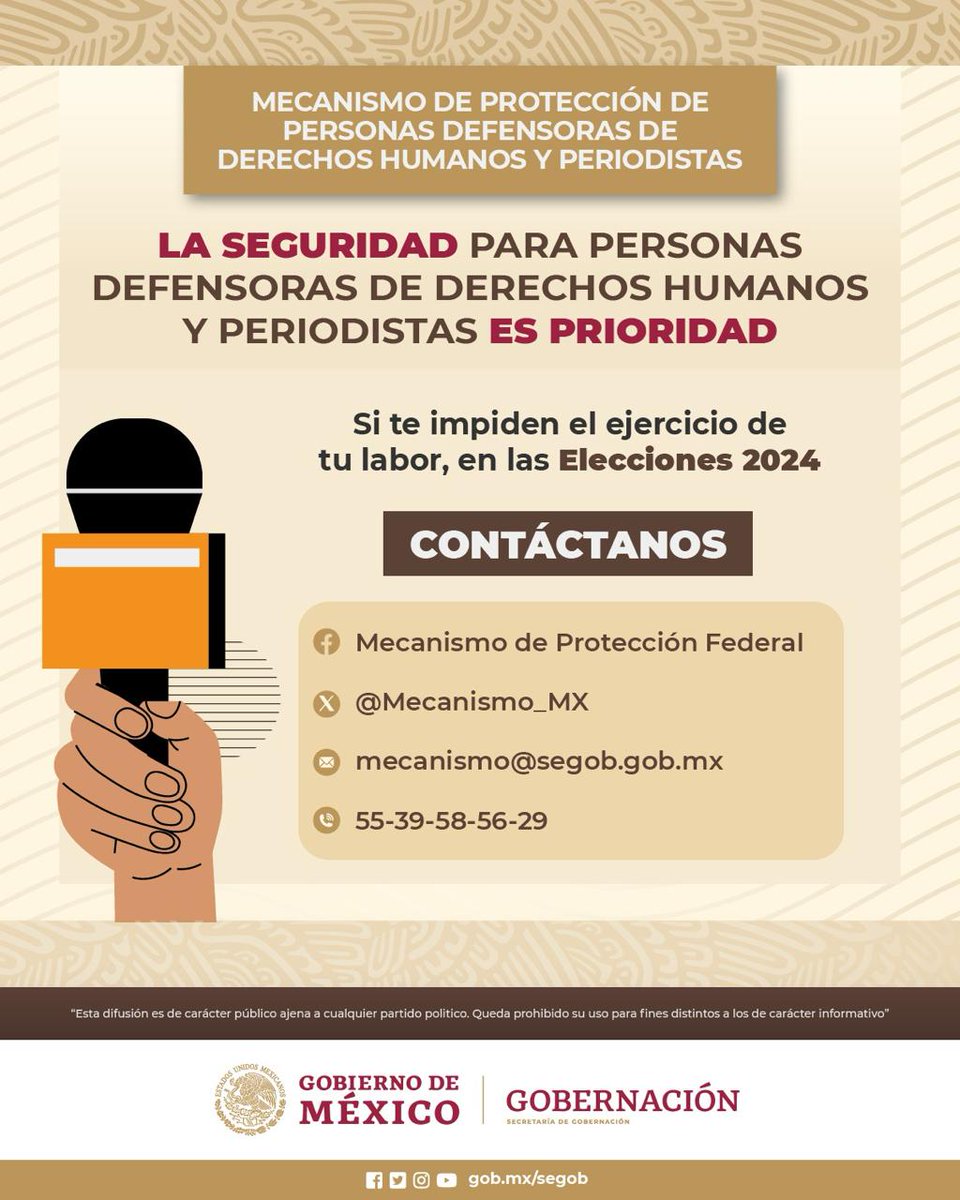 ⚠️La seguridad para personas defensoras de #DerechosHumanos y #periodistas es prioridad. Si te impiden el ejercicio de tu labor en el próximo proceso electoral, contáctanos. ⬇️⬇️⬇️
