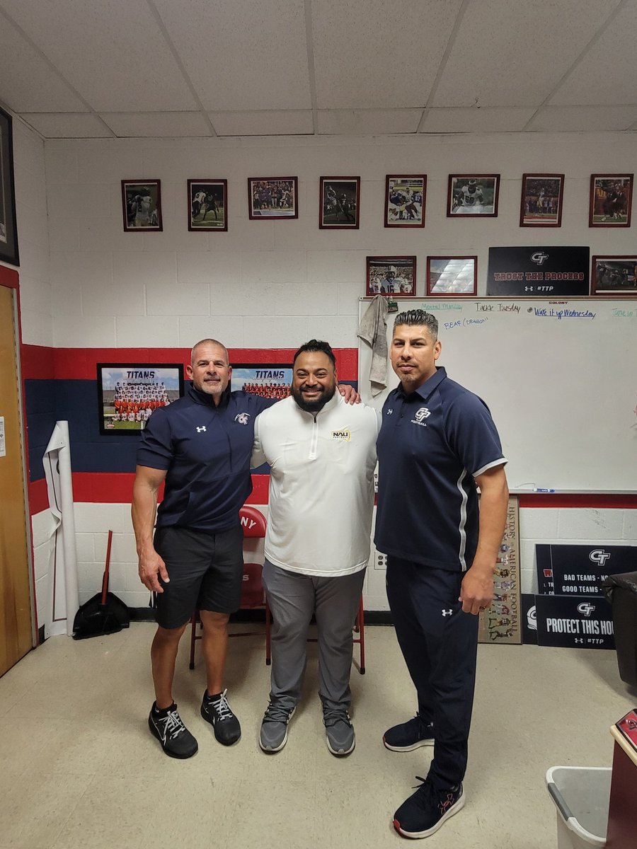 Like to thank @Coach_TUI @NAU_Football for stopping by Colony HS to check in with our student-athletes. We appreciate you recruiting our high character dudes. See you in the summer Coach. @CoachGomez91 @CoachImbach24 @ColonyTitans_FB @CoachOKeefe @coachleon92 @CoachTufunga