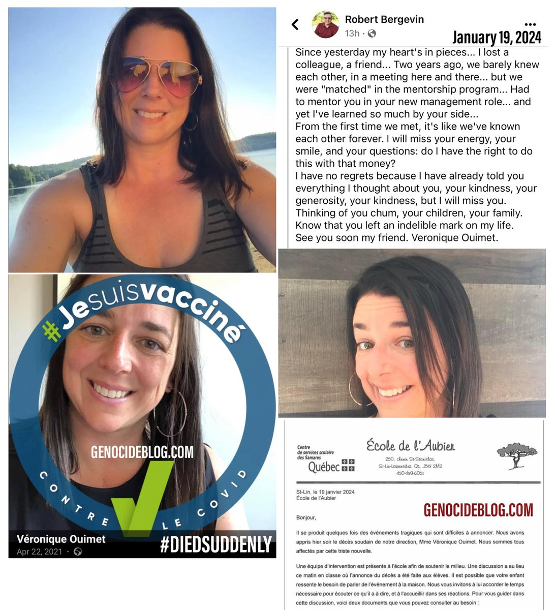 Quebec, Canada - 35 year old Veronique Ouimet worked as a manager at a French School in Quebec, Canada.

She died suddenly on Jan.18, 2024.

Apr.2021: 'Je suis Vaccine contre le COVID'

COVID-19 mRNA Vaccine Sudden deaths are at all time highs, especially in mandated jobs