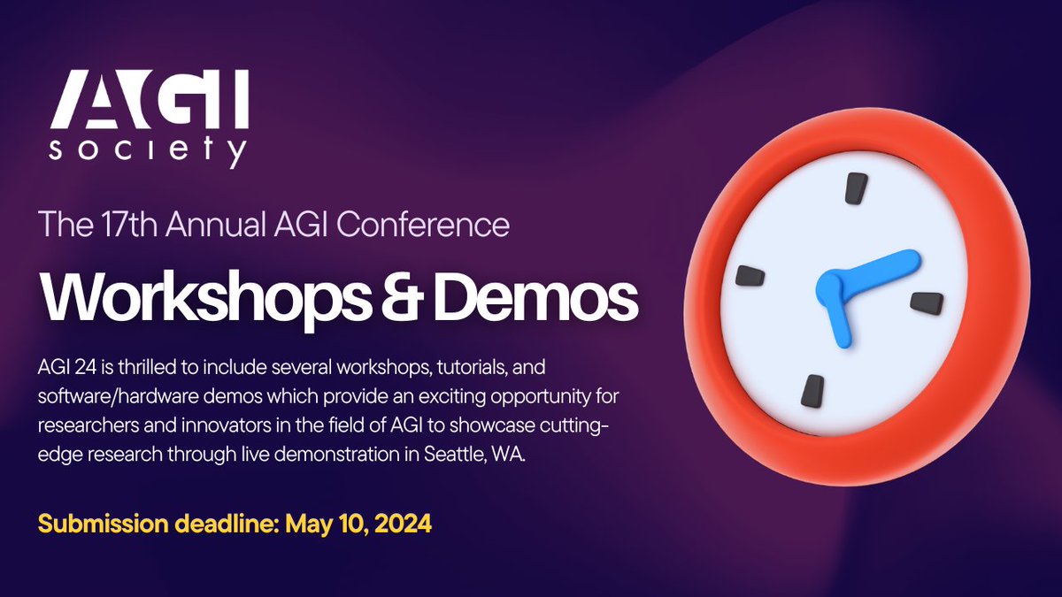 Enrich the #AGI24 experience by proposing workshops, tutorials, or software/hardware demos.

- Details and guidelines: agi-conf.org/2024/#CFP
- Submission deadline: May 10, 2024.

Visit the Conference website to learn more: agi-conf.org/2024/

#AGI #AI @AGI_Society