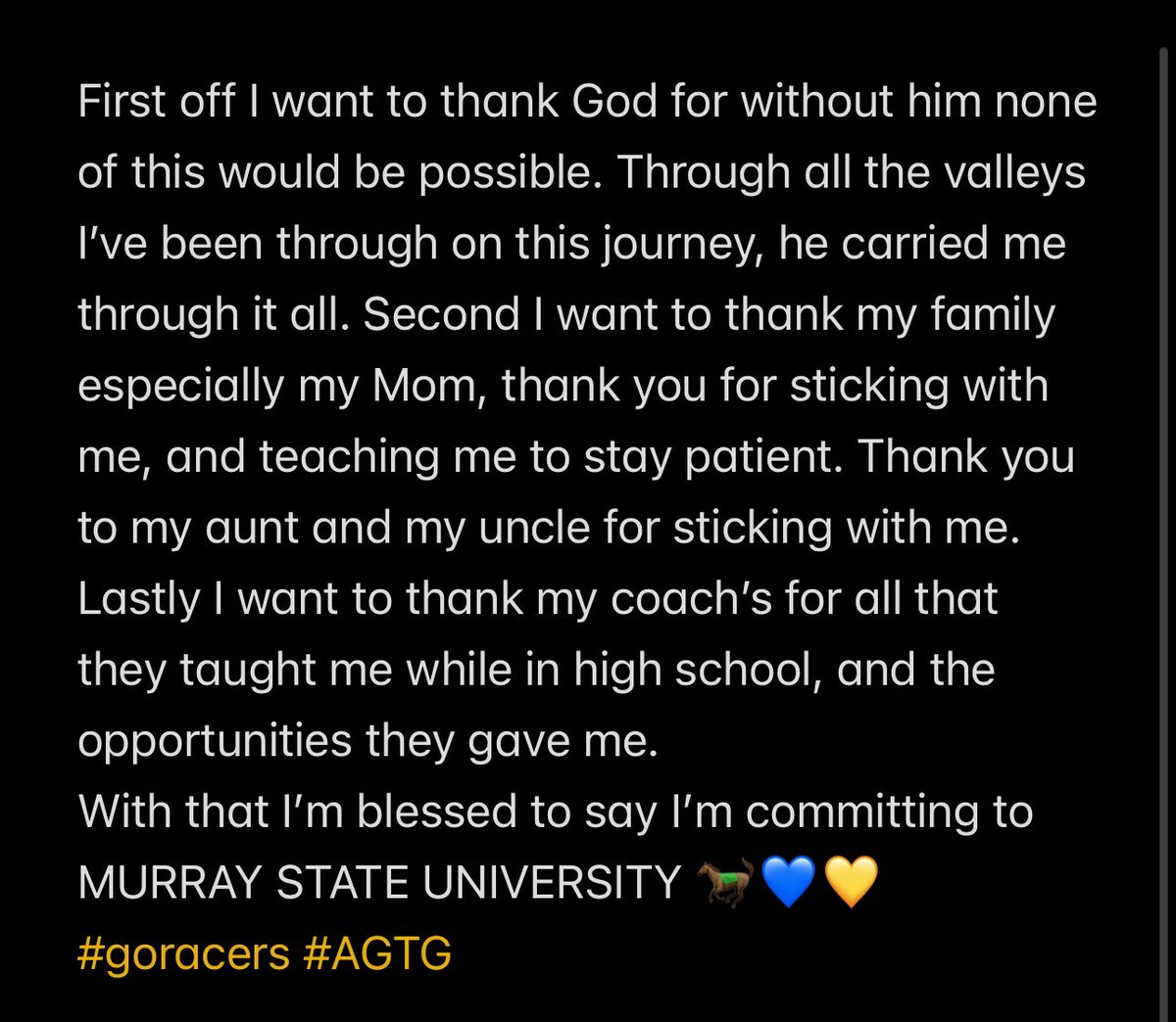 #AGTG COMMITTED🐎 @racersfootball 
@WrightJody @BrannonTidwell 
@LouatTheState @HighSchoolBlitz @CoachG_Iam @CoachBWeigle #goracers