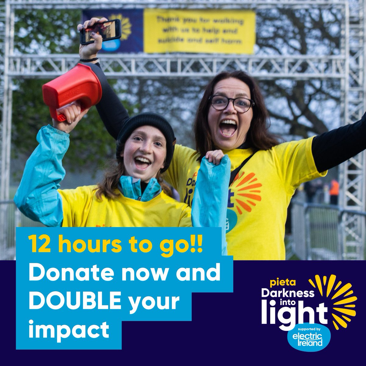 📣Only 12 hours to go! Donate now and Electric Ireland will match your contribution, doubling the impact of every euro you give. 💜 Donate now at - darknessintolight.ie/20B31A Proudly supported by @ElectricIreland *ROI only. T&Cs available at bit.ly/4aa29QK