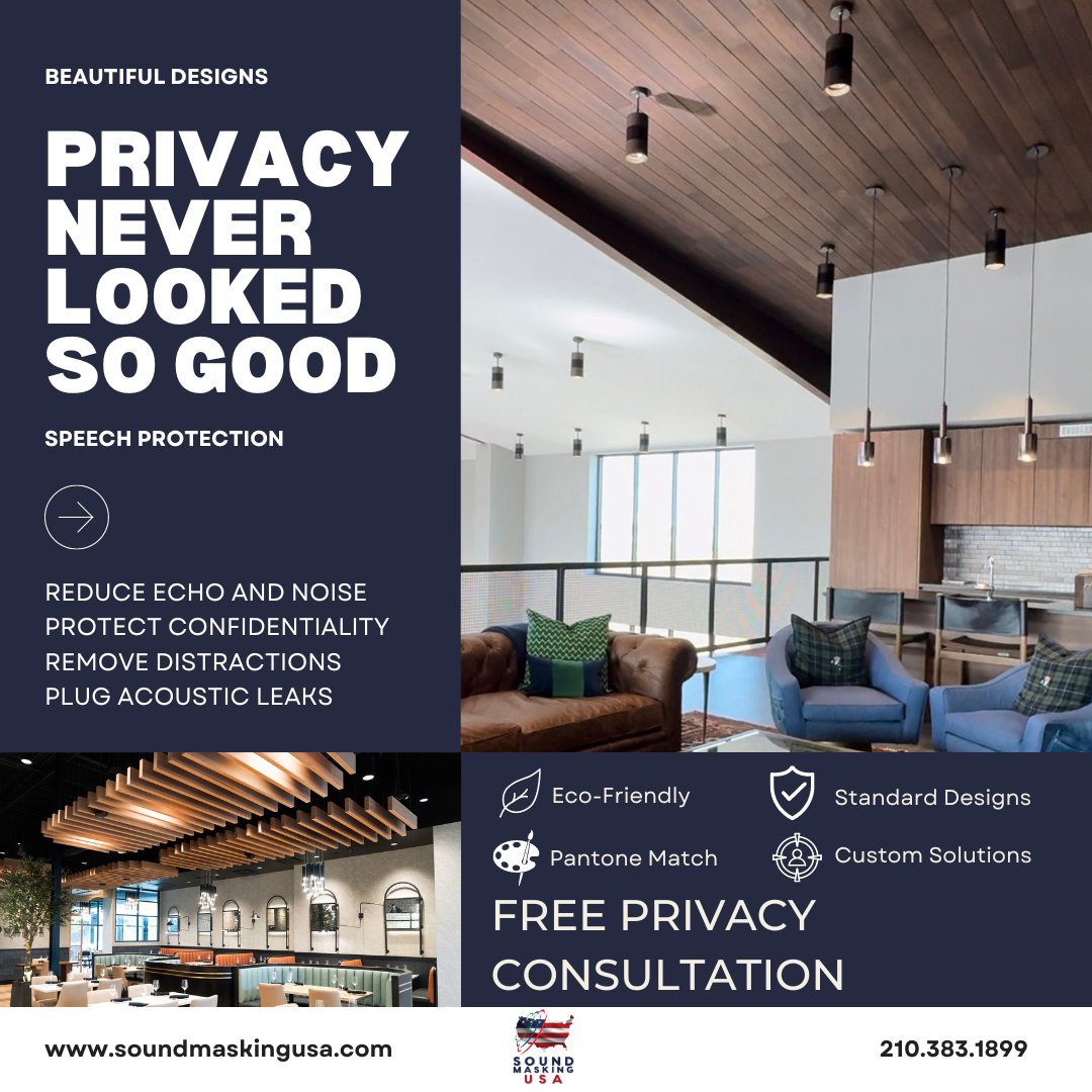 Sound masking + acoustic installations offer the best protection for your space. 

Contact our privacy experts today for a free consultation soundmaskingusa.com/talk-to-a-priv…
#VoiceArrest #soundmasking #AcousticSolutions #SoundPrivacy #OfficePrivacy #OfficeDesign #ModernOffice #OfficeNoise