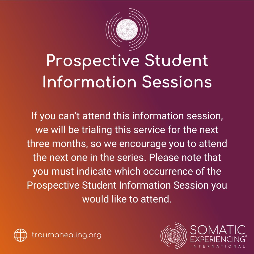 FREE TO ATTEND
Prospective Student Info Session  traumahealing.org/May16

#somaticexperiencing #traumahealing #therapists #professionaldevelopment #healthcareprofessionals #traumatherapy #nervoussystemregulation #training #career