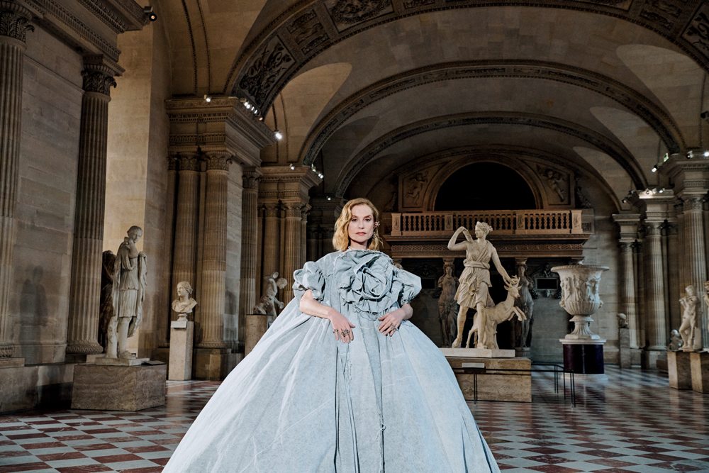 Isabelle Huppert for Numéro Art magazine, by ©Reto Schmid, at the Louvre Museum📸April 2024. Outfit: Dress, Vaquera. Jewelry, Lorette Colé Duprat. #tresbelle📷💖
