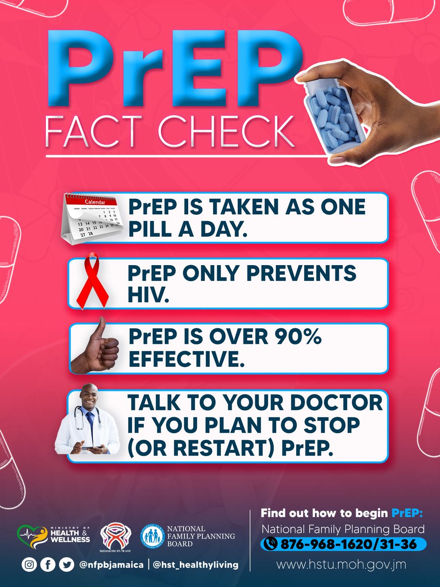 💊One pill taken each day that prevents HIV ​
👍 90% effective ​
👨‍⚕️ talk to your doctor if you plan to start on PrEP ​

Give us a call @ 876-986-1620 OR WhatsApp @ 876-536-9154 

#NFPBJamaica #CHARES #PREP #MOHW