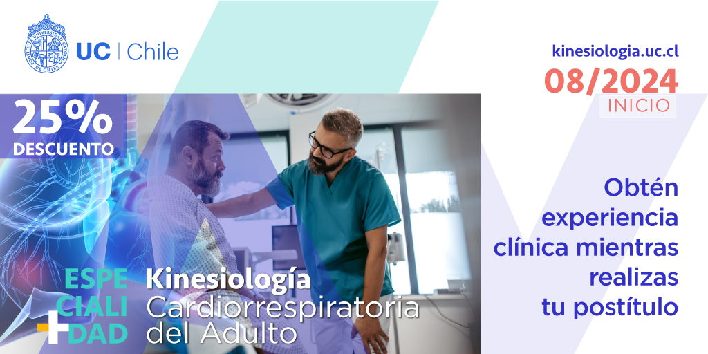 Postula ahora a la nueva especialidad de Kinesiología Cardiorrespiratoria del Adulto y obtén un 25% de descuento en el arancel anual del programa.
Especialízate ahora y sé ➕kinesiología.
👆 rb.gy/owhv5o