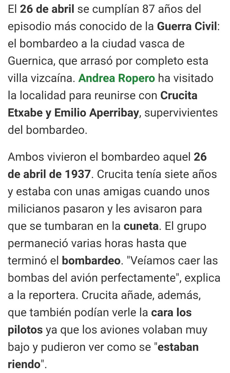 Se cumplen 87 años del bombardeo de Guernica La Sexta entrevista a Crucita y a Emilio Crucita tenía 7 años y tumbada en la cuneta veía a los pilotos descojonarse mientras bombardeaban Emilio tenía 8 meses y recuerda decir a su padre: -Papá, a ese Junker 52 le suena la trócola