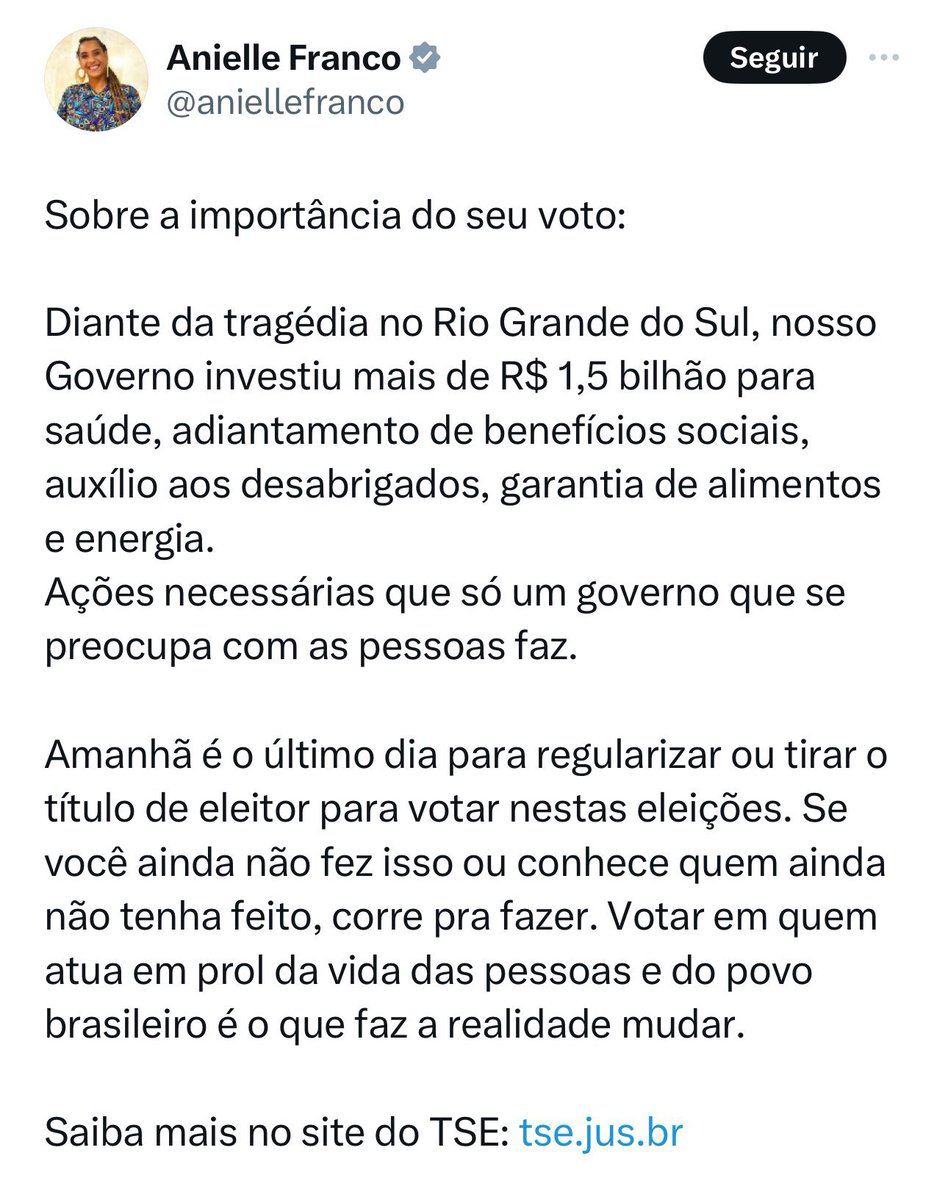 Desesquerdizada's tweet photo. Olá, ministra @aniellefranco . Você apagou esta mensagem usando a tragédia que afetou mais de 1 milhão de pessoas no Rio Grande do Sul para fazer campanha eleitoral antecipada, mas nós salvamos. De nada, canalha! https://t.co/gW0fNCwq4T