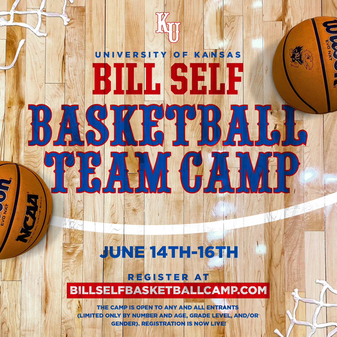 .<a href="/CoachBillSelf/">Bill Self</a> Basketball Team Camp is back this summer 🗣️

Don’t miss your chance to be crowned Team Camp Champs 🏆

Register today at BillSelfBasketballCamp.com