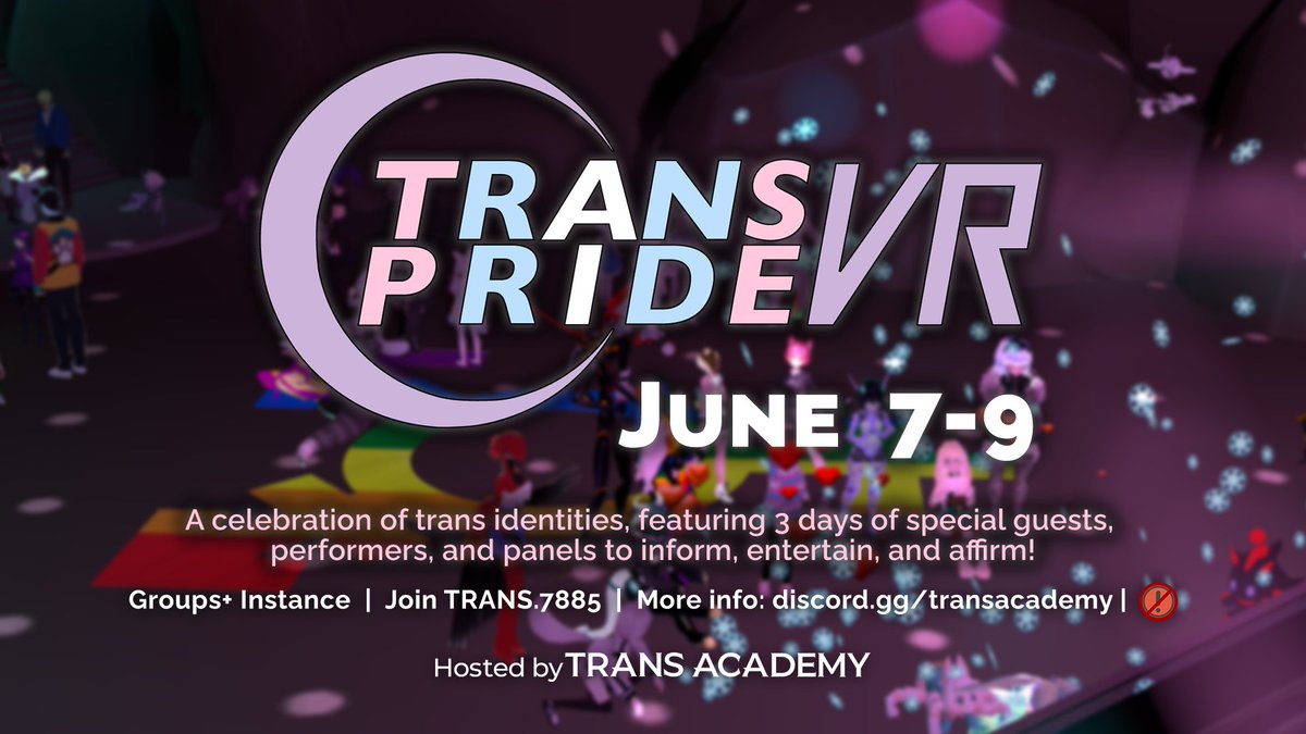 We'd love to announce our upcoming event Trans Pride VR 2024 from June 7 - June 9 on @VRChat! We'll have 3 days of panels, guests, music, & more as we invite the community to celebrate LGBTQ+ lives. ✨ Stay tuned or join our Discord for more info! discord.gg/TransAcademy 🏳️‍⚧️💖