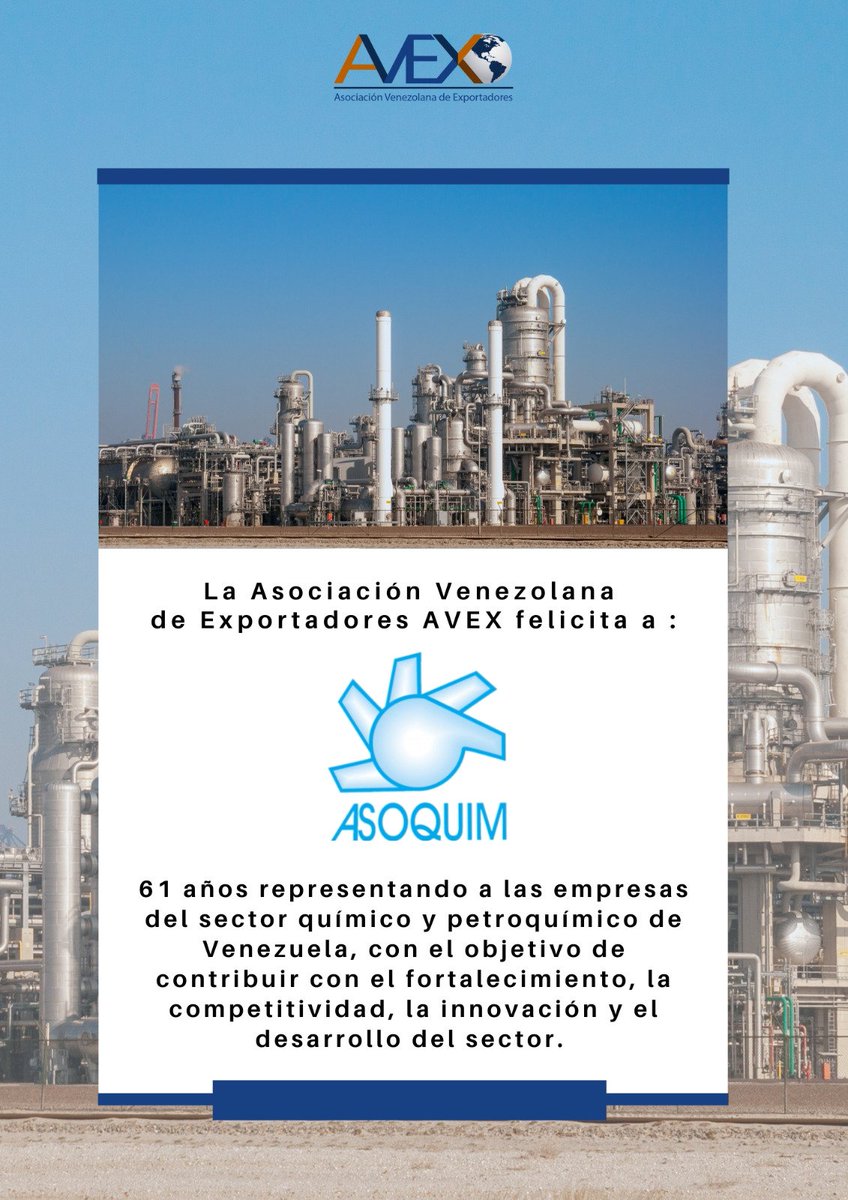 Desde AVEX felicitamos a ASOQUIM <a href="/asoquim/">ASOQUIM</a> en su 61 aniversario.

61 años contribuyendo al desarrollo del sector químico en Venezuela 🥂