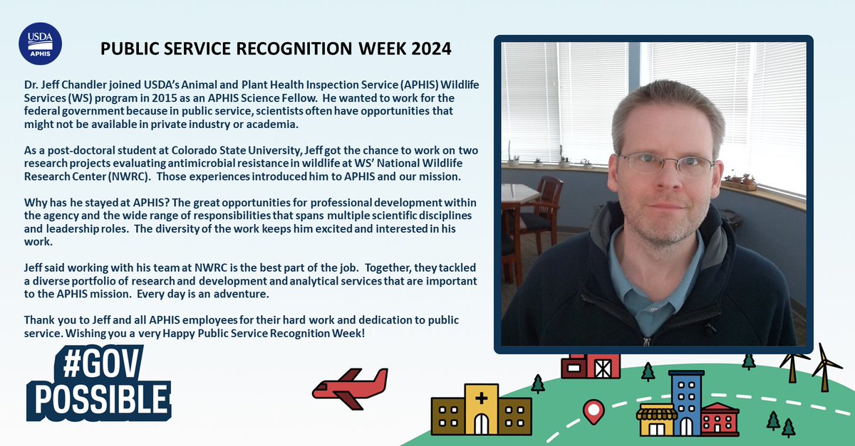 It’s #PSRW and today we recognize Dr. Jeff Chandler – a Supervisory Biologist at Wildlife Services National Wildlife Research Center (NWRC). Thank you, Jeff, and all public servants for making #GovPossible.