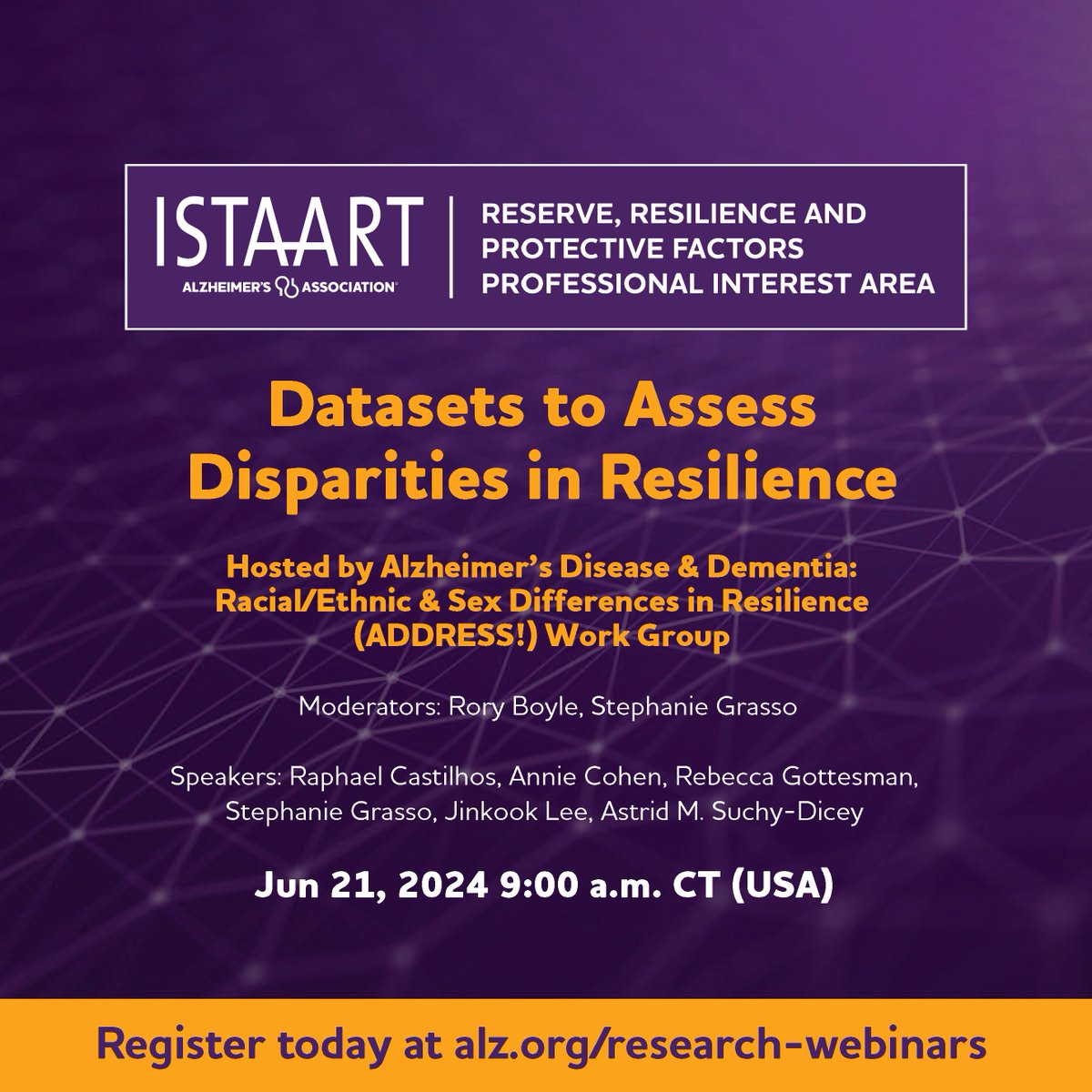 🚨Upcoming webinar Alert: Several speakers will provide an overview of different datasets that can be used to study racial/ethnic and sex differences in reserve and resilience. 🖊️Register here: training.alz.org/products/4735/… And stay tuned: @DDisparitiesPIA @ISTAART