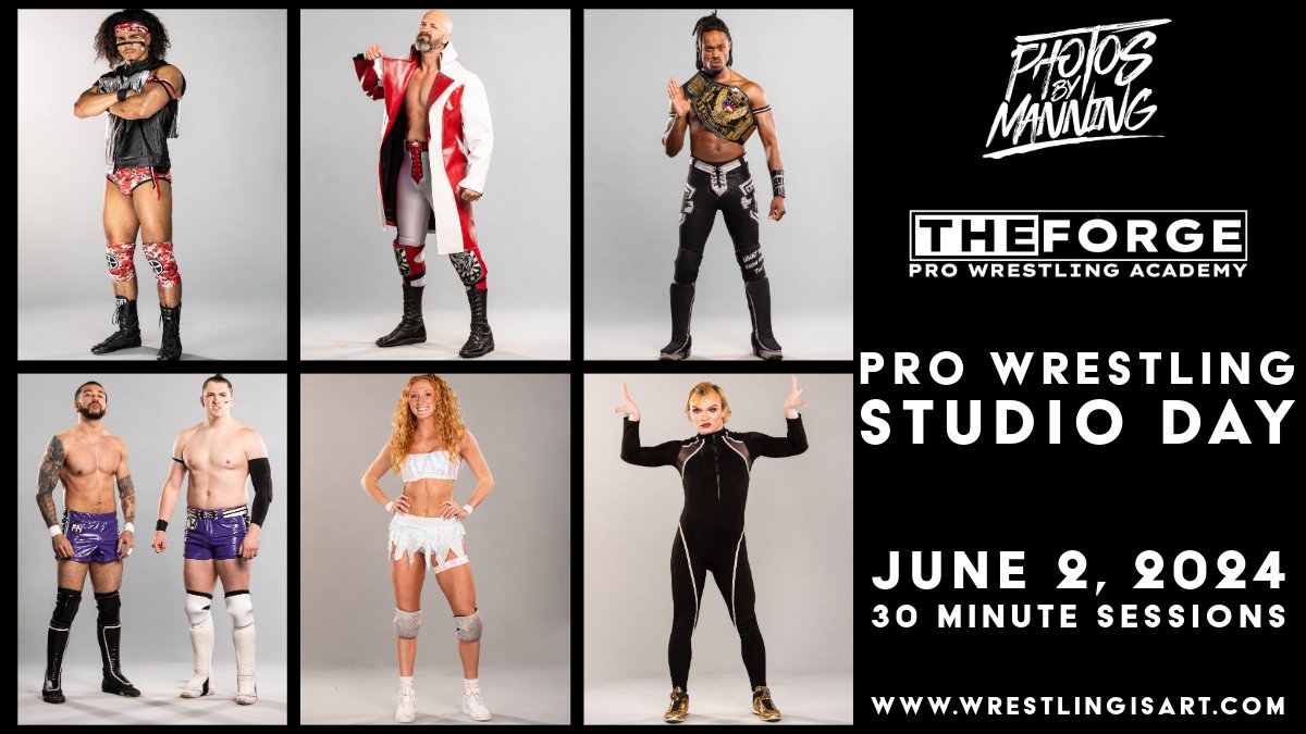 Thanks to The Forge: Pro Wrestling Academy, there is a studio day being added to the 2024 calendar. June 2, 2024. Full studio setup. 30 minute sessions. For more information, or to sign up, go here: photosbymanning.pixieset.com/booking/studio… For questions EMAIL ONLY to chris@photosbymanning.com