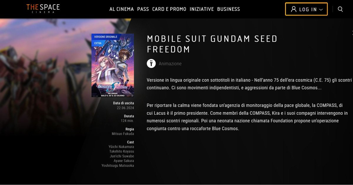 #GundamSEEDFreedom al cinema in Italia il 22 e il 23 giugno!
Come si evince dal sito della catena The Space Cinema, il film sarà in lingua originale sottotitolato.
#Gundam #MobileSuitGundam #Anime #GundamItalianClub
