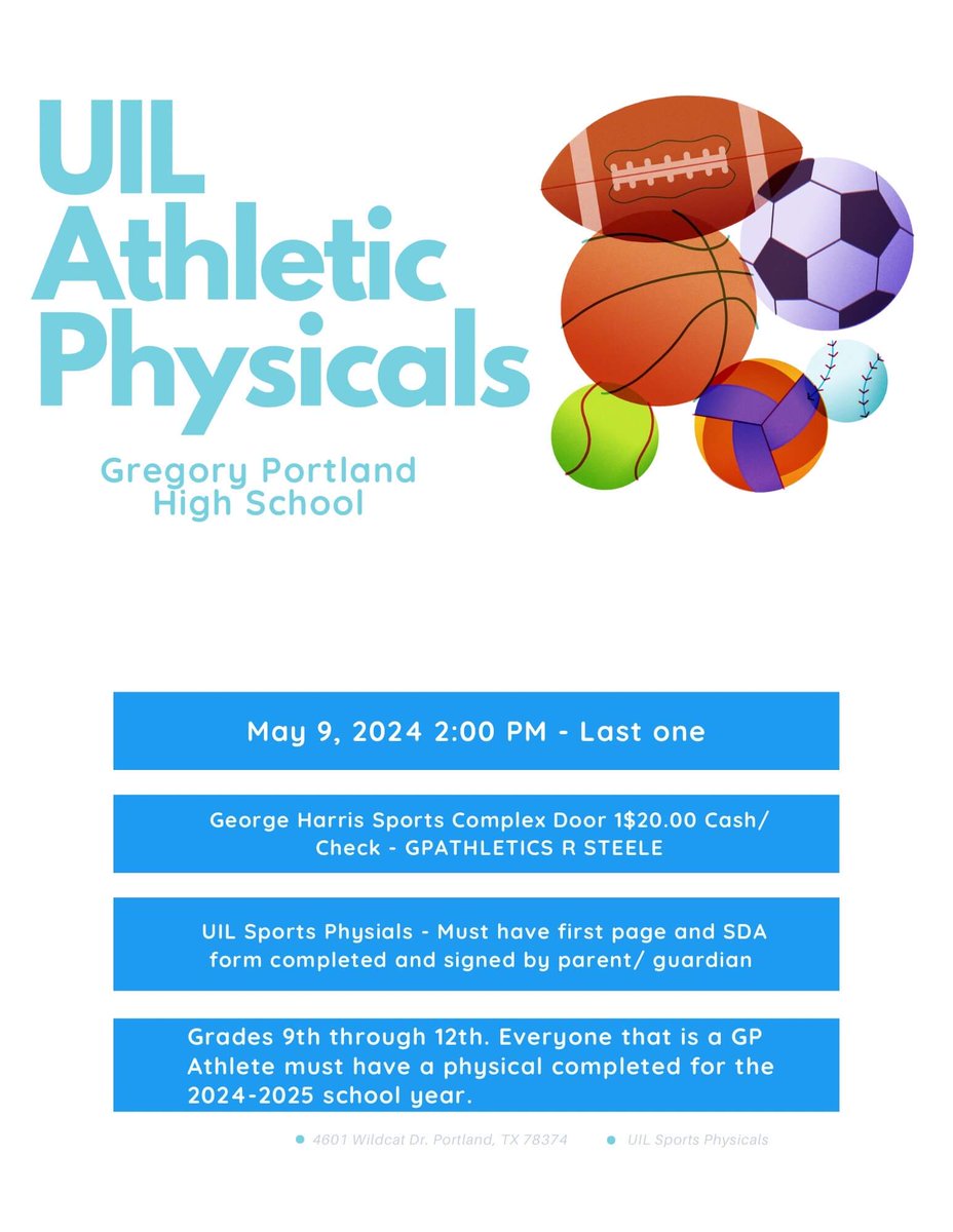 🩺 Physicals for high school students will be held on Thursday, May 9th, at the All-Sports Complex. The front page of the physical and the SCA form need to be completed. Physicals will start at the beginning of 7th period at 2:00 PM. 1st and 5th period athletes come after school.