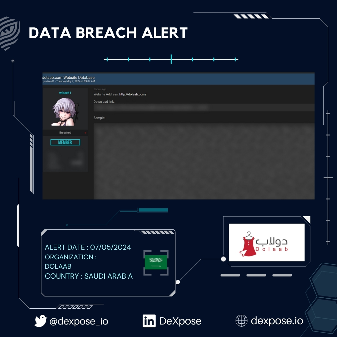 DATA BREACH ALERT
-
Allegedly leaked the database of Dolaab

Threat actor has leaked the database of Dolaab, an E-commerse and online store.
-
#data_breach
#data_leak
#infosec
#dark_web
#DataBreach 
#DataLeak 
#Services 
#CyberThreat 
#CyberAttack