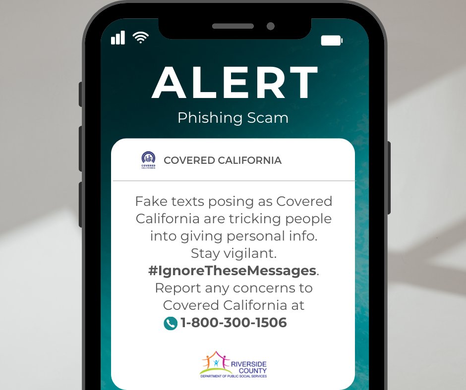 🚨 #Alert: #RivCoDPSS warns of a recent #phishing scam targeting #CoveredCalifornia customers via text message. Avoid calls to fake numbers and sharing personal info. Report security concerns to @CoveredCA at 1-800-300-1506. #RivCoDPSS #RivCoNow #SecurityTips #Smishing 🛑