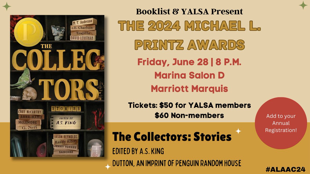 Join us and @yalsa for the 2024 #Printz Awards ceremony and reception on Friday, June 28 at 8:00PM PDT #ALAAC24! Add to your registration here: bit.ly/3JRnfZn