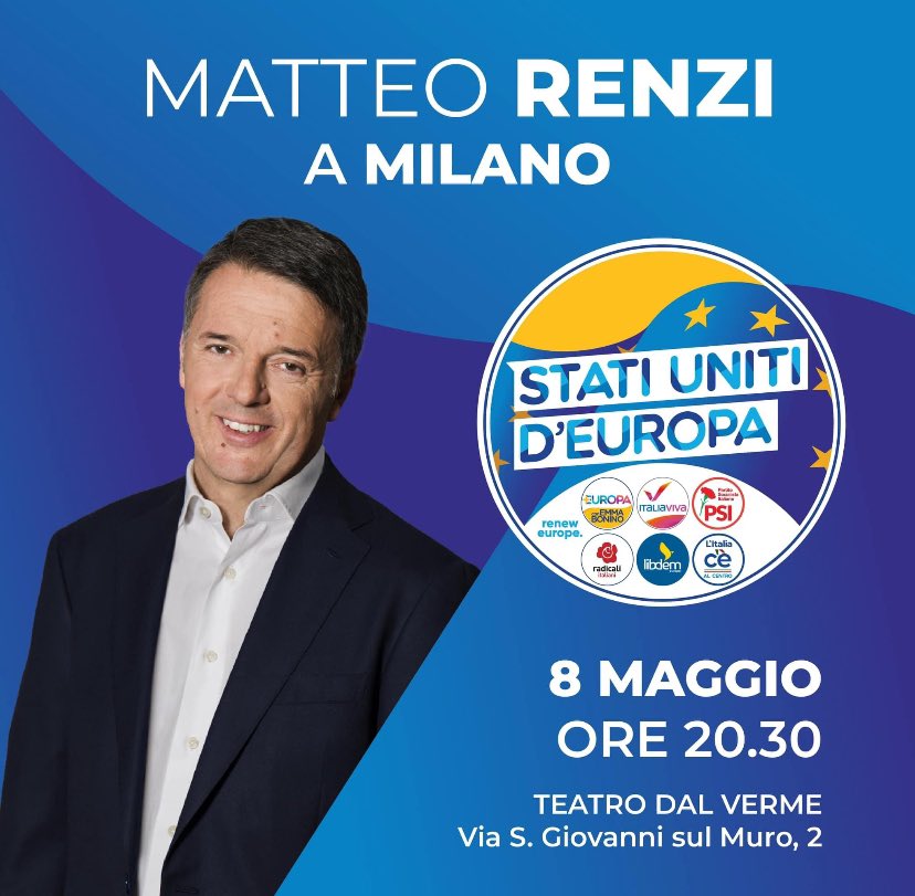 Amici milanesi siete pronti ad incontrare domani sera @matteorenzi nella nostra città? Come sempre saremo in tanti ad applaudire colui che incarna al meglio i valori di Milano: merito, lavoro, serietà, competenza. A domani!!! #StatiUnitidEuropa #RenewEurope