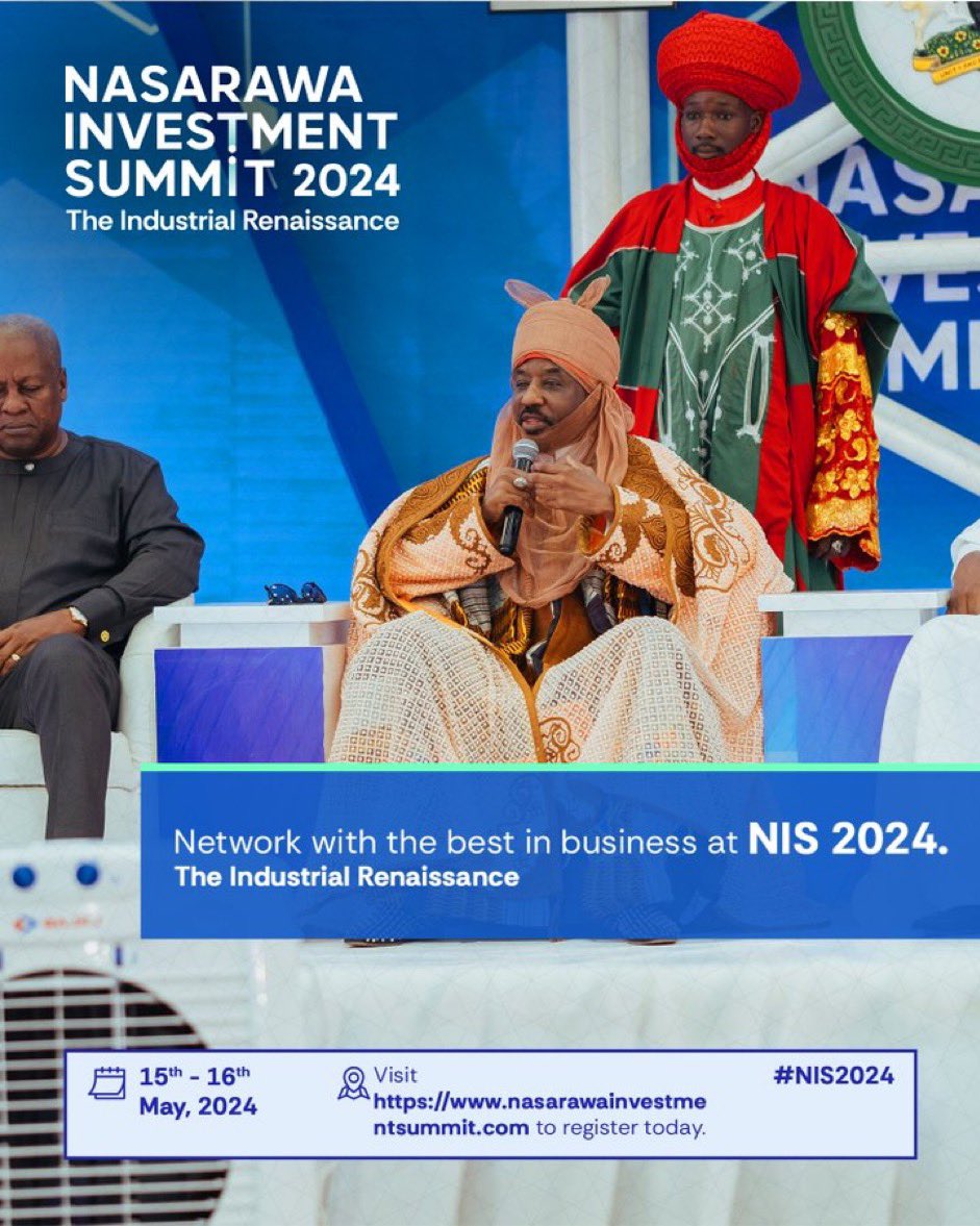 Connect, network and gain useful insights from global and local investors and business leaders at the Nasarawa Investment Summit on 15 & 16 May. Visit nasarawainvestmentsummit.com to register. #IndustrialRenaissance #Nasarawa #NIS2024