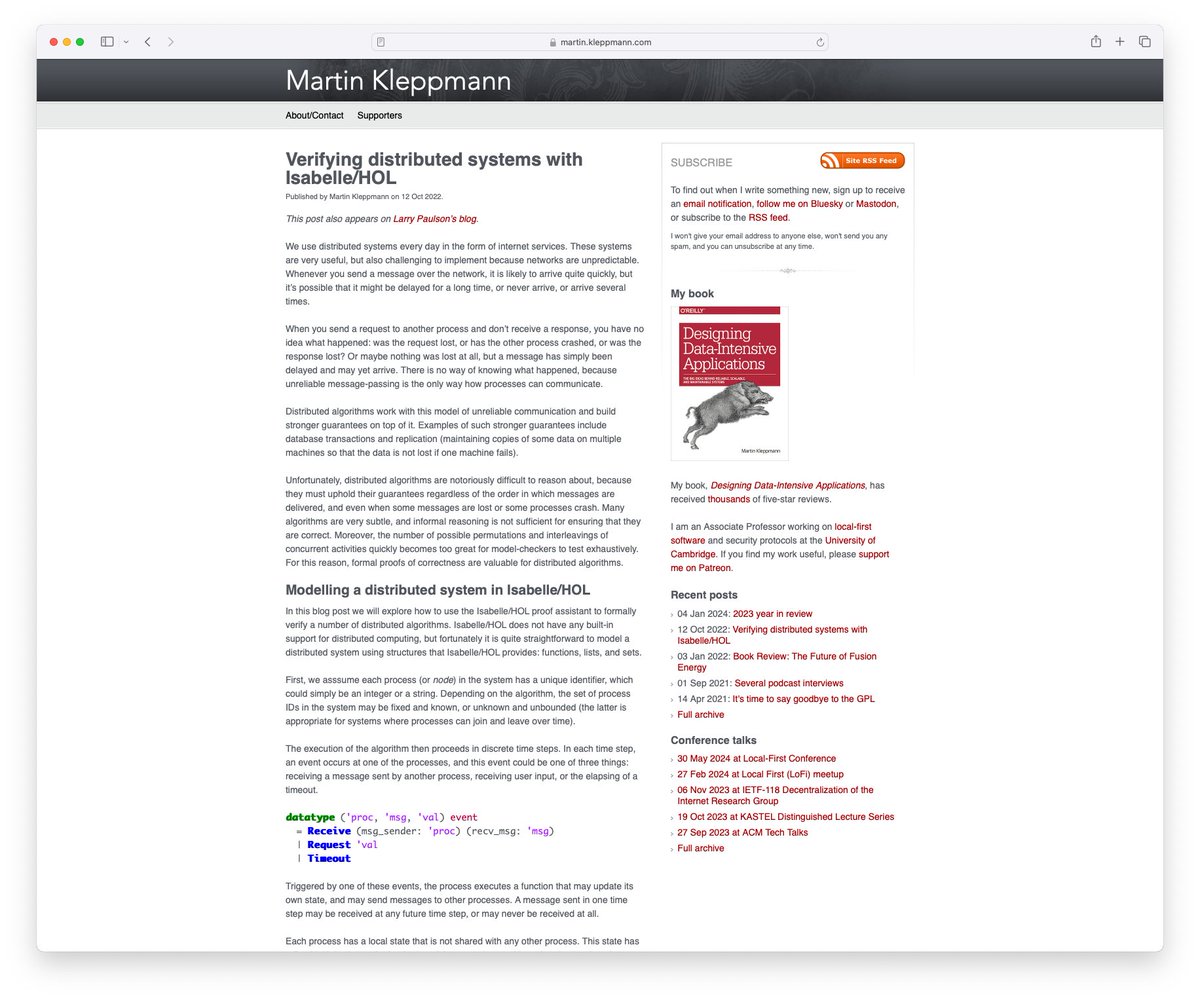 For an approachable introduction how to conceptualize distributed systems, I recommend @martinkl's post Verifying distributed systems with Isabelle/HOL The post focuses on the mental models to use not just the technical details of formal verification with Isabelle.…